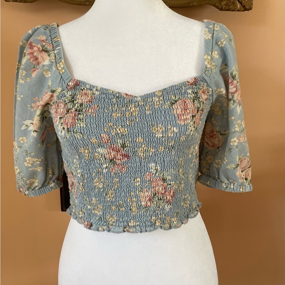 American Eagle Outfitters Blue Floral Elastic Full Sleeve Crop Top. XS-Sm